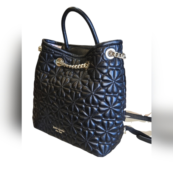 Kate Spade New York Quilted Leather Bloom Chain Strap Backpack Handbag in BLK - Picture 4 of 13